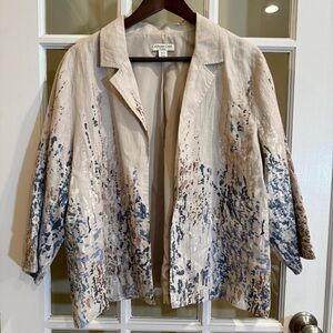 Coldwater Creek LINEN Tan & Blue Splatter Print Open Front Jacket XL Fully Lined